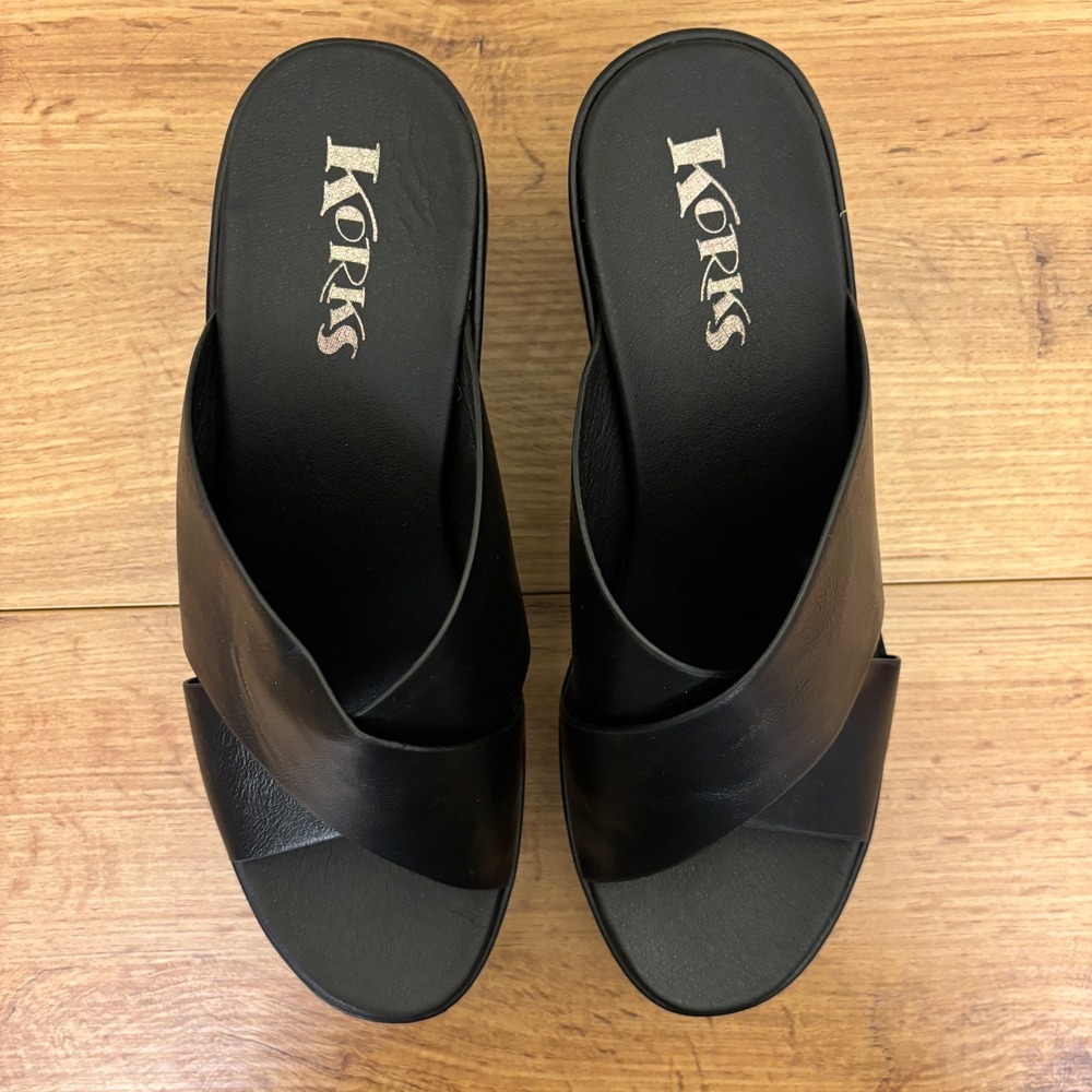 KORKS Madera Wedge Sandals Black Women Size 10 Criss Cross Strap Platform Slides - Picture 6 of 12